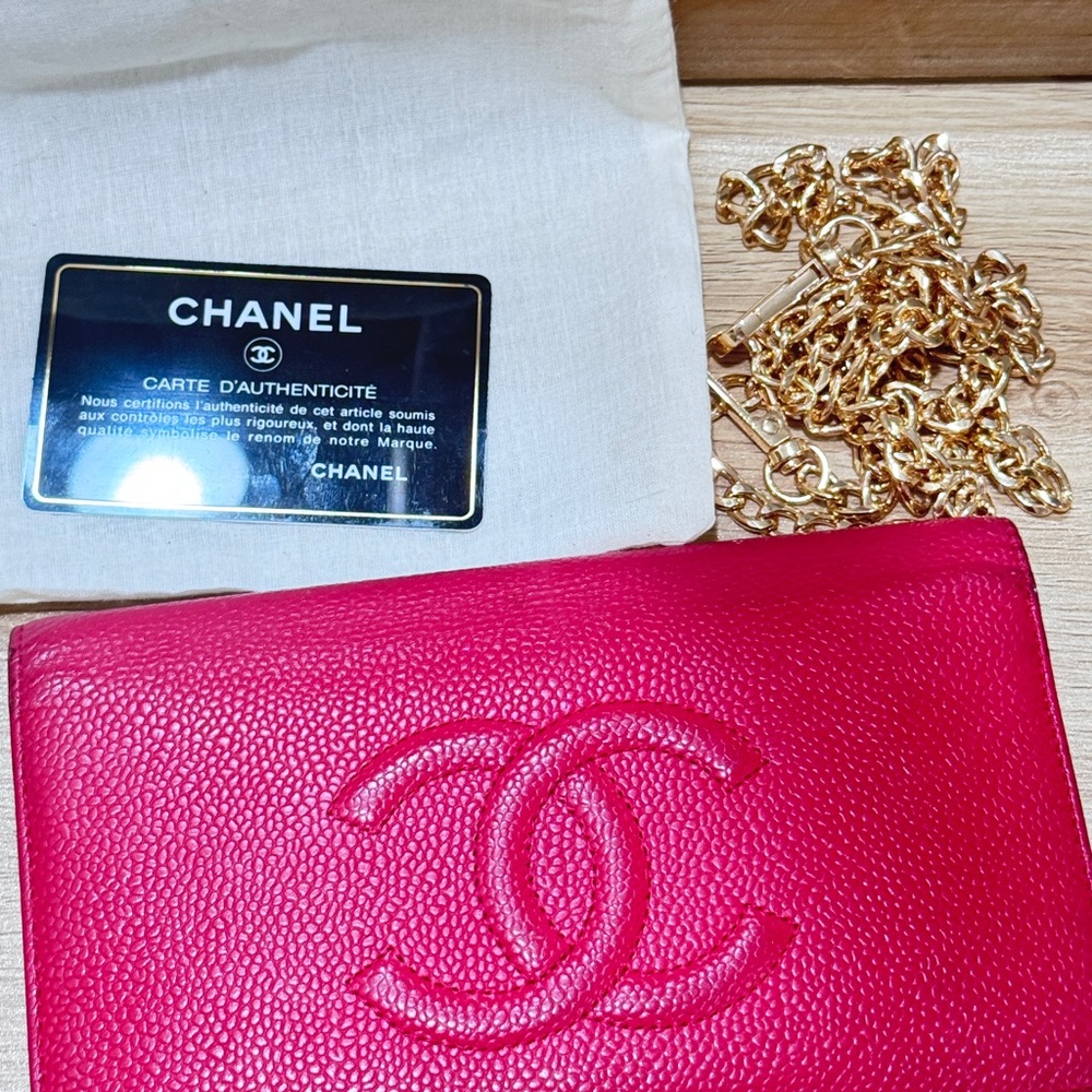 Chanel Red Caviar Leather Wallet with Chain